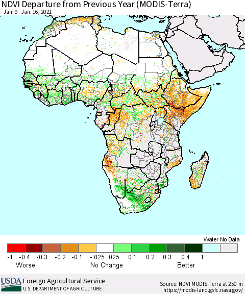 Africa NDVI Departure from Previous Year (Terra-MODIS) Thematic Map For 1/11/2021 - 1/20/2021