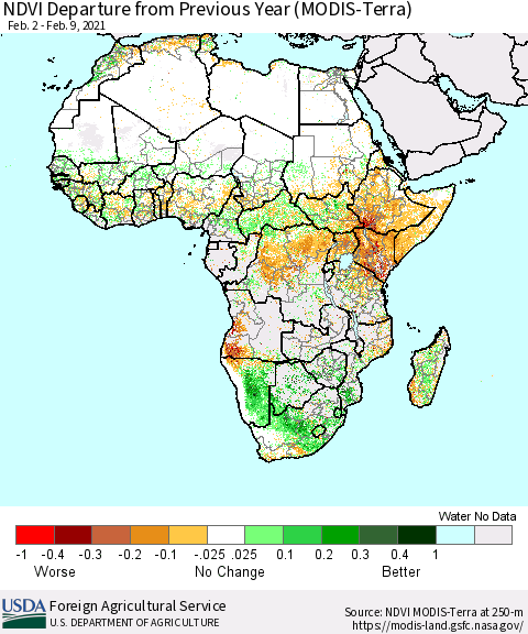 Africa NDVI Departure from Previous Year (Terra-MODIS) Thematic Map For 2/1/2021 - 2/10/2021