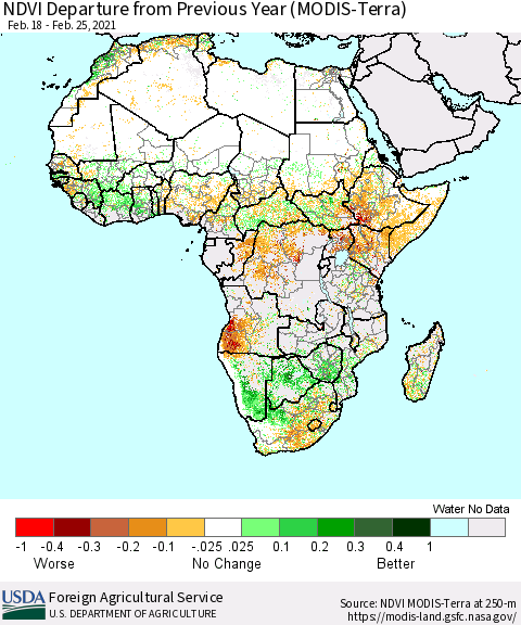 Africa NDVI Departure from Previous Year (Terra-MODIS) Thematic Map For 2/21/2021 - 2/28/2021