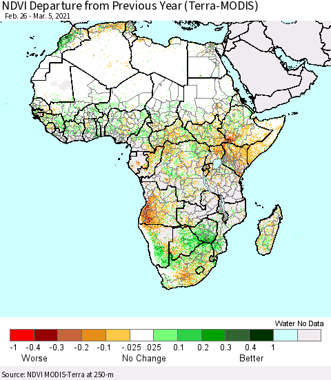 Africa NDVI Departure from Previous Year (Terra-MODIS) Thematic Map For 2/26/2021 - 3/5/2021