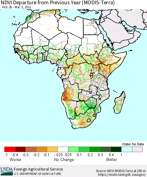 Africa NDVI Departure from Previous Year (Terra-MODIS) Thematic Map For 3/1/2021 - 3/10/2021