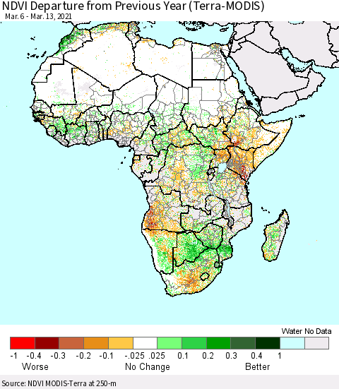 Africa NDVI Departure from Previous Year (Terra-MODIS) Thematic Map For 3/6/2021 - 3/13/2021