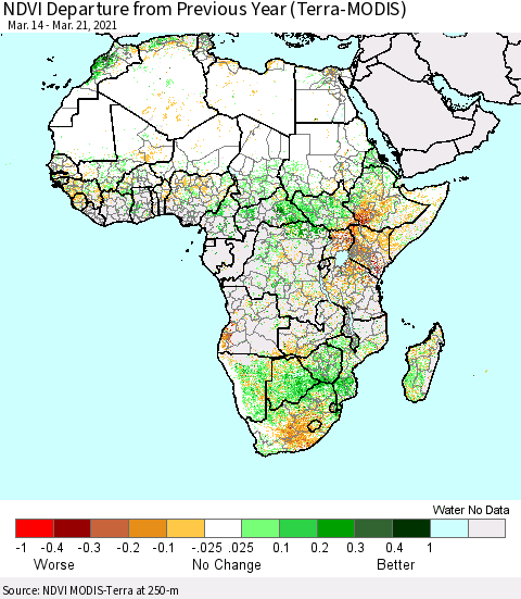 Africa NDVI Departure from Previous Year (Terra-MODIS) Thematic Map For 3/14/2021 - 3/21/2021