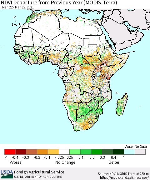 Africa NDVI Departure from Previous Year (Terra-MODIS) Thematic Map For 3/21/2021 - 3/31/2021