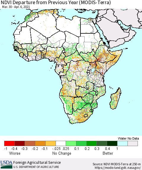 Africa NDVI Departure from Previous Year (Terra-MODIS) Thematic Map For 4/1/2021 - 4/10/2021