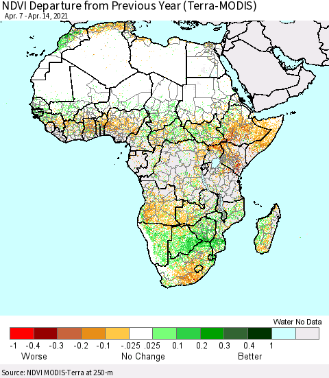 Africa NDVI Departure from Previous Year (Terra-MODIS) Thematic Map For 4/7/2021 - 4/14/2021