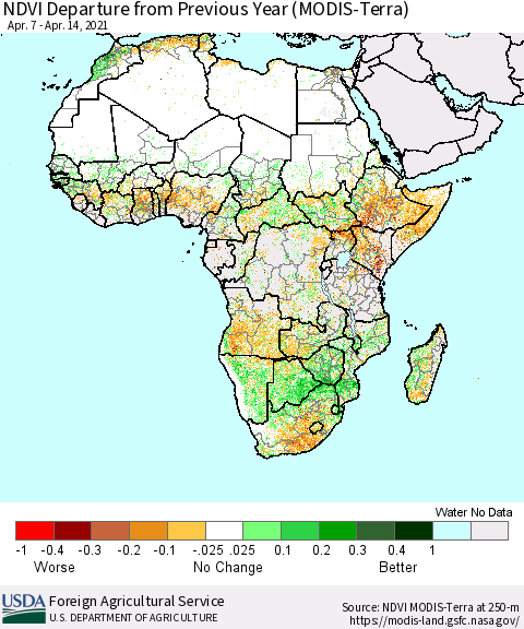 Africa NDVI Departure from Previous Year (Terra-MODIS) Thematic Map For 4/11/2021 - 4/20/2021