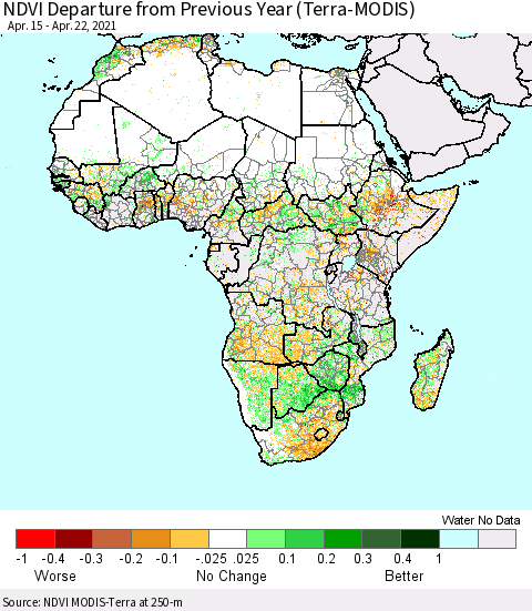 Africa NDVI Departure from Previous Year (Terra-MODIS) Thematic Map For 4/15/2021 - 4/22/2021