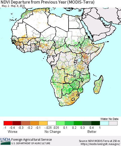 Africa NDVI Departure from Previous Year (Terra-MODIS) Thematic Map For 5/1/2021 - 5/10/2021