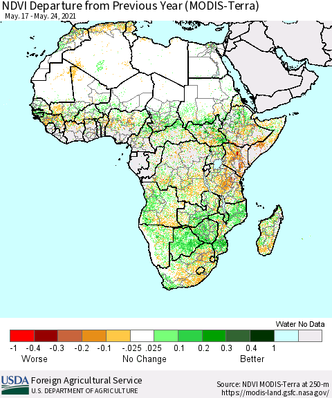 Africa NDVI Departure from Previous Year (Terra-MODIS) Thematic Map For 5/21/2021 - 5/31/2021