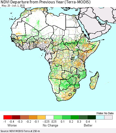 Africa NDVI Departure from Previous Year (Terra-MODIS) Thematic Map For 5/25/2021 - 6/1/2021