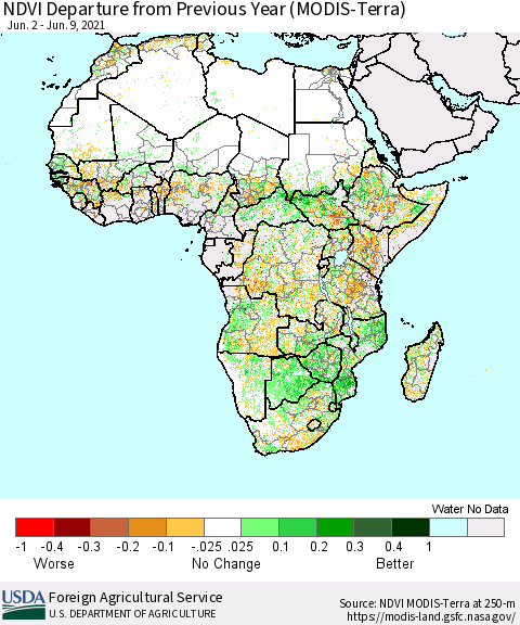 Africa NDVI Departure from Previous Year (Terra-MODIS) Thematic Map For 6/1/2021 - 6/10/2021
