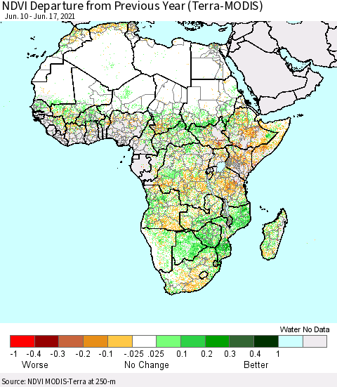Africa NDVI Departure from Previous Year (Terra-MODIS) Thematic Map For 6/10/2021 - 6/17/2021
