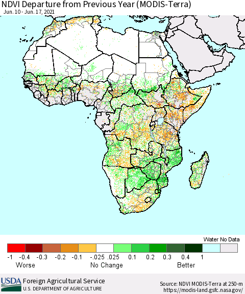 Africa NDVI Departure from Previous Year (Terra-MODIS) Thematic Map For 6/11/2021 - 6/20/2021