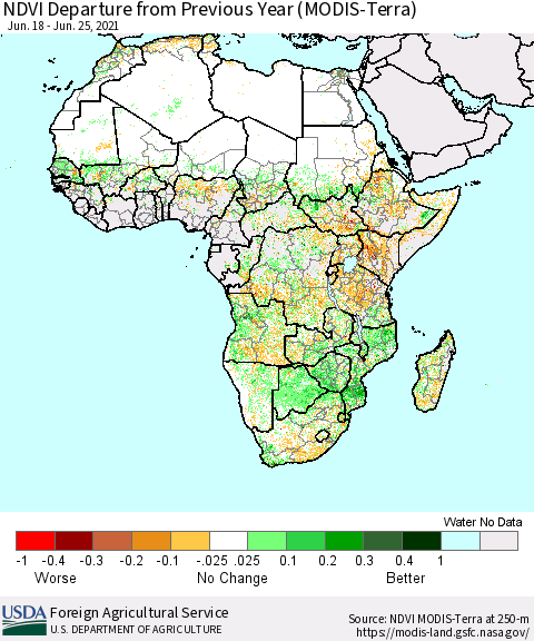Africa NDVI Departure from Previous Year (Terra-MODIS) Thematic Map For 6/21/2021 - 6/30/2021