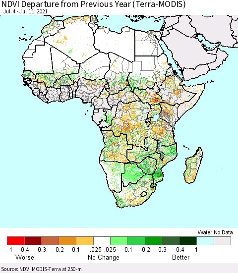 Africa NDVI Departure from Previous Year (Terra-MODIS) Thematic Map For 7/4/2021 - 7/11/2021
