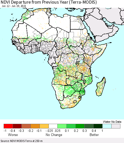 Africa NDVI Departure from Previous Year (Terra-MODIS) Thematic Map For 7/12/2021 - 7/19/2021