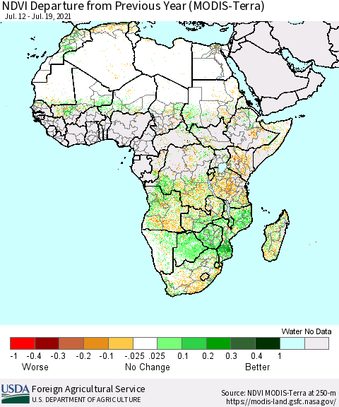 Africa NDVI Departure from Previous Year (Terra-MODIS) Thematic Map For 7/11/2021 - 7/20/2021