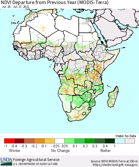 Africa NDVI Departure from Previous Year (Terra-MODIS) Thematic Map For 7/21/2021 - 7/31/2021