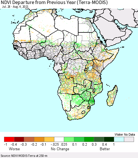 Africa NDVI Departure from Previous Year (Terra-MODIS) Thematic Map For 7/28/2021 - 8/4/2021