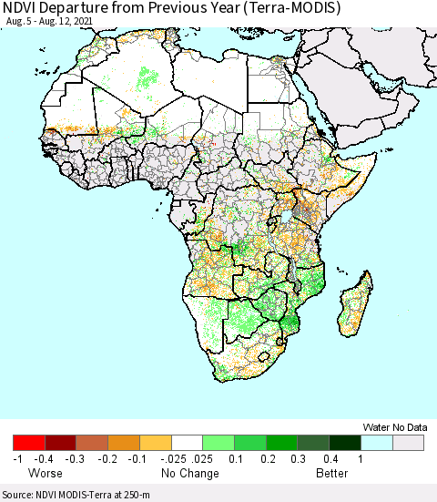 Africa NDVI Departure from Previous Year (Terra-MODIS) Thematic Map For 8/5/2021 - 8/12/2021