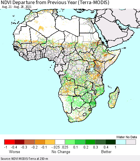 Africa NDVI Departure from Previous Year (Terra-MODIS) Thematic Map For 8/21/2021 - 8/28/2021