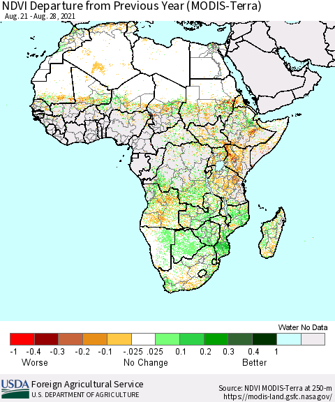Africa NDVI Departure from Previous Year (Terra-MODIS) Thematic Map For 8/21/2021 - 8/31/2021