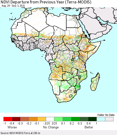 Africa NDVI Departure from Previous Year (Terra-MODIS) Thematic Map For 8/29/2021 - 9/5/2021
