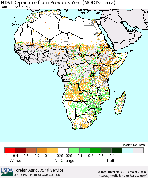 Africa NDVI Departure from Previous Year (Terra-MODIS) Thematic Map For 9/1/2021 - 9/10/2021