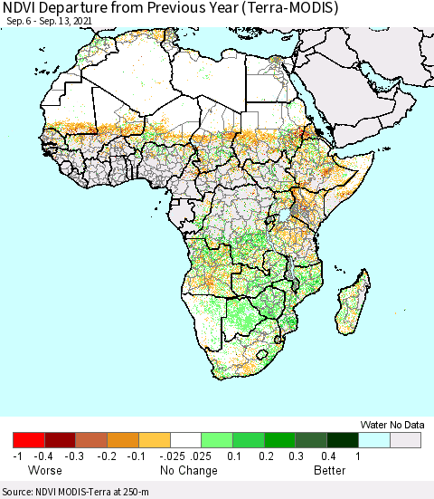 Africa NDVI Departure from Previous Year (Terra-MODIS) Thematic Map For 9/6/2021 - 9/13/2021