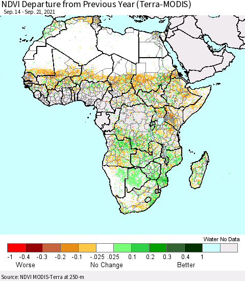 Africa NDVI Departure from Previous Year (Terra-MODIS) Thematic Map For 9/14/2021 - 9/21/2021