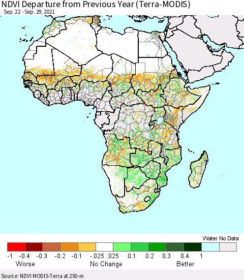 Africa NDVI Departure from Previous Year (Terra-MODIS) Thematic Map For 9/22/2021 - 9/29/2021