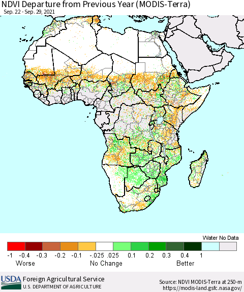 Africa NDVI Departure from Previous Year (Terra-MODIS) Thematic Map For 9/21/2021 - 9/30/2021