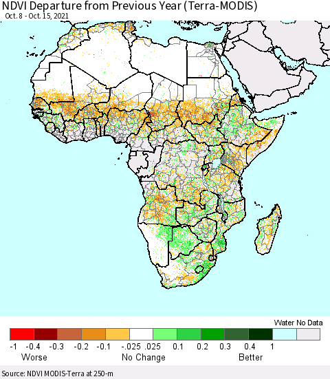 Africa NDVI Departure from Previous Year (Terra-MODIS) Thematic Map For 10/8/2021 - 10/15/2021