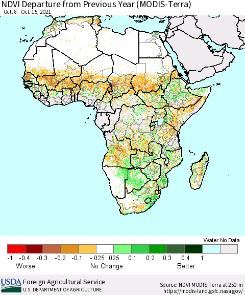 Africa NDVI Departure from Previous Year (Terra-MODIS) Thematic Map For 10/11/2021 - 10/20/2021