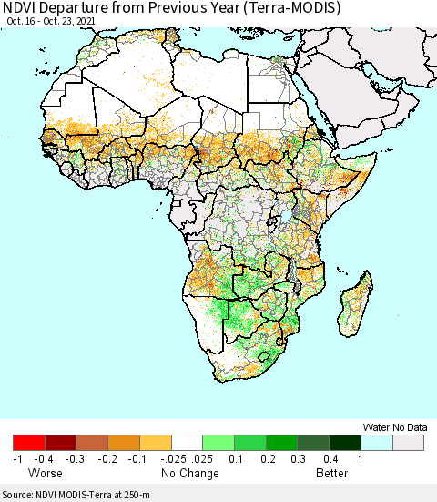 Africa NDVI Departure from Previous Year (Terra-MODIS) Thematic Map For 10/16/2021 - 10/23/2021