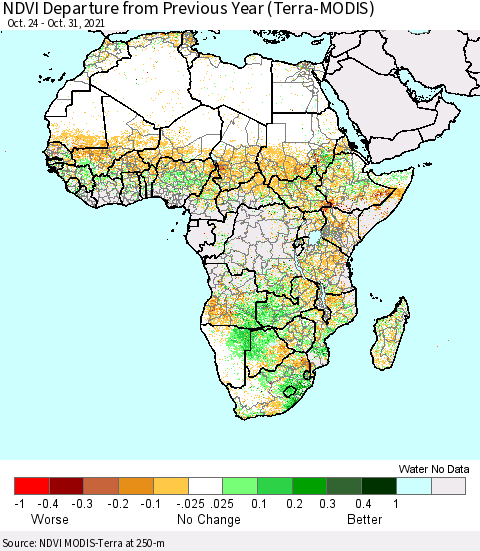 Africa NDVI Departure from Previous Year (Terra-MODIS) Thematic Map For 10/21/2021 - 10/31/2021