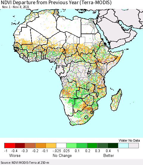 Africa NDVI Departure from Previous Year (Terra-MODIS) Thematic Map For 11/1/2021 - 11/8/2021