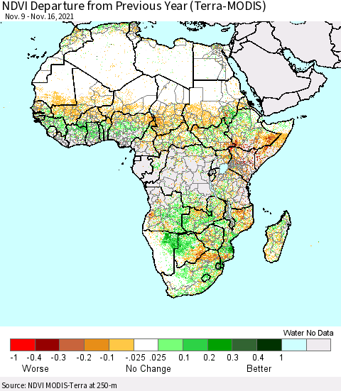 Africa NDVI Departure from Previous Year (Terra-MODIS) Thematic Map For 11/9/2021 - 11/16/2021