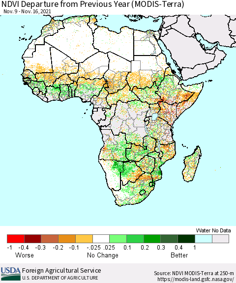 Africa NDVI Departure from Previous Year (Terra-MODIS) Thematic Map For 11/11/2021 - 11/20/2021