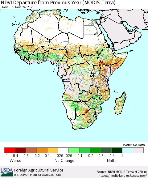 Africa NDVI Departure from Previous Year (Terra-MODIS) Thematic Map For 11/21/2021 - 11/30/2021