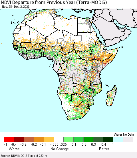 Africa NDVI Departure from Previous Year (Terra-MODIS) Thematic Map For 11/25/2021 - 12/2/2021