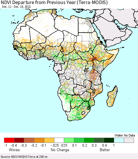 Africa NDVI Departure from Previous Year (Terra-MODIS) Thematic Map For 12/11/2021 - 12/18/2021