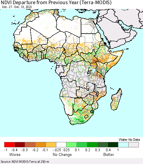 Africa NDVI Departure from Previous Year (Terra-MODIS) Thematic Map For 12/26/2021 - 1/2/2022