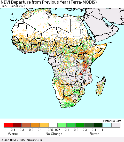 Africa NDVI Departure from Previous Year (Terra-MODIS) Thematic Map For 1/1/2022 - 1/8/2022