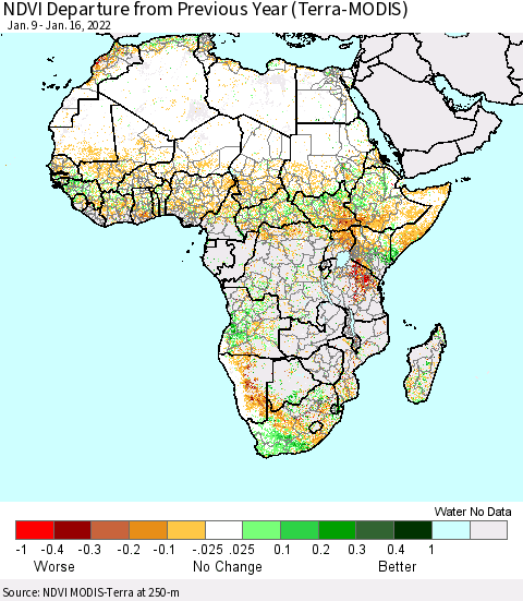 Africa NDVI Departure from Previous Year (Terra-MODIS) Thematic Map For 1/9/2022 - 1/16/2022