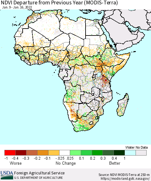 Africa NDVI Departure from Previous Year (Terra-MODIS) Thematic Map For 1/11/2022 - 1/20/2022