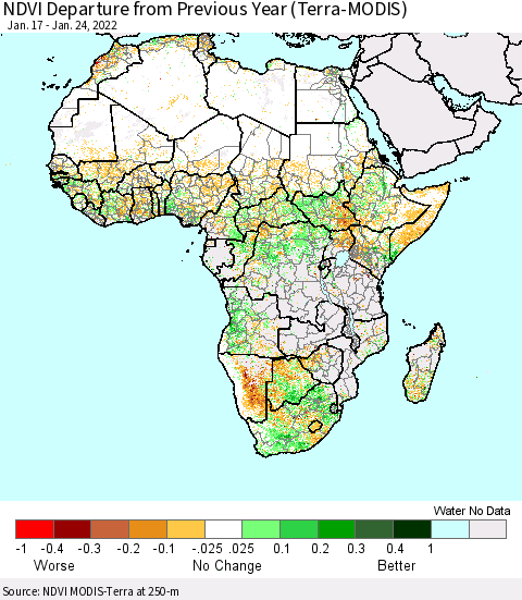 Africa NDVI Departure from Previous Year (Terra-MODIS) Thematic Map For 1/17/2022 - 1/24/2022