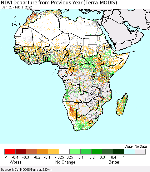 Africa NDVI Departure from Previous Year (Terra-MODIS) Thematic Map For 1/25/2022 - 2/1/2022