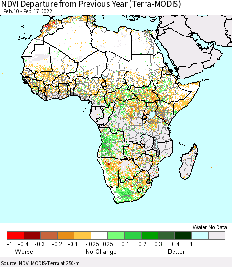 Africa NDVI Departure from Previous Year (Terra-MODIS) Thematic Map For 2/10/2022 - 2/17/2022